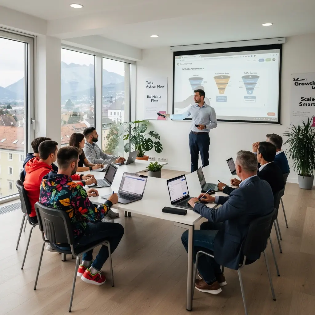 Ein Laptop, auf dem eine Online-Schulung zum Thema passives Einkommen gezeigt wird, umgeben von Notizen und Marketingmaterialien.