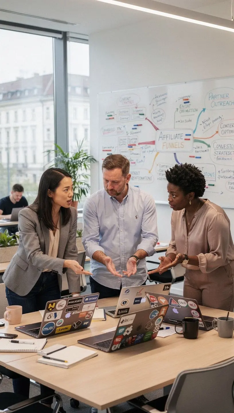 Ein Grafikdesign, das die Schritte zum erfolgreichen Affiliate-Marketing in einem übersichtlichen Flussdiagramm darstellt.