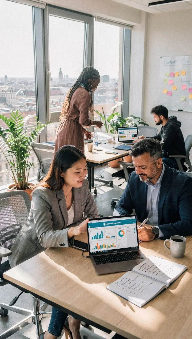Ein Notizbuch und ein Stift liegen neben einem Kaffeebecher, während Ideen für Marketingstrategien festgehalten werden.