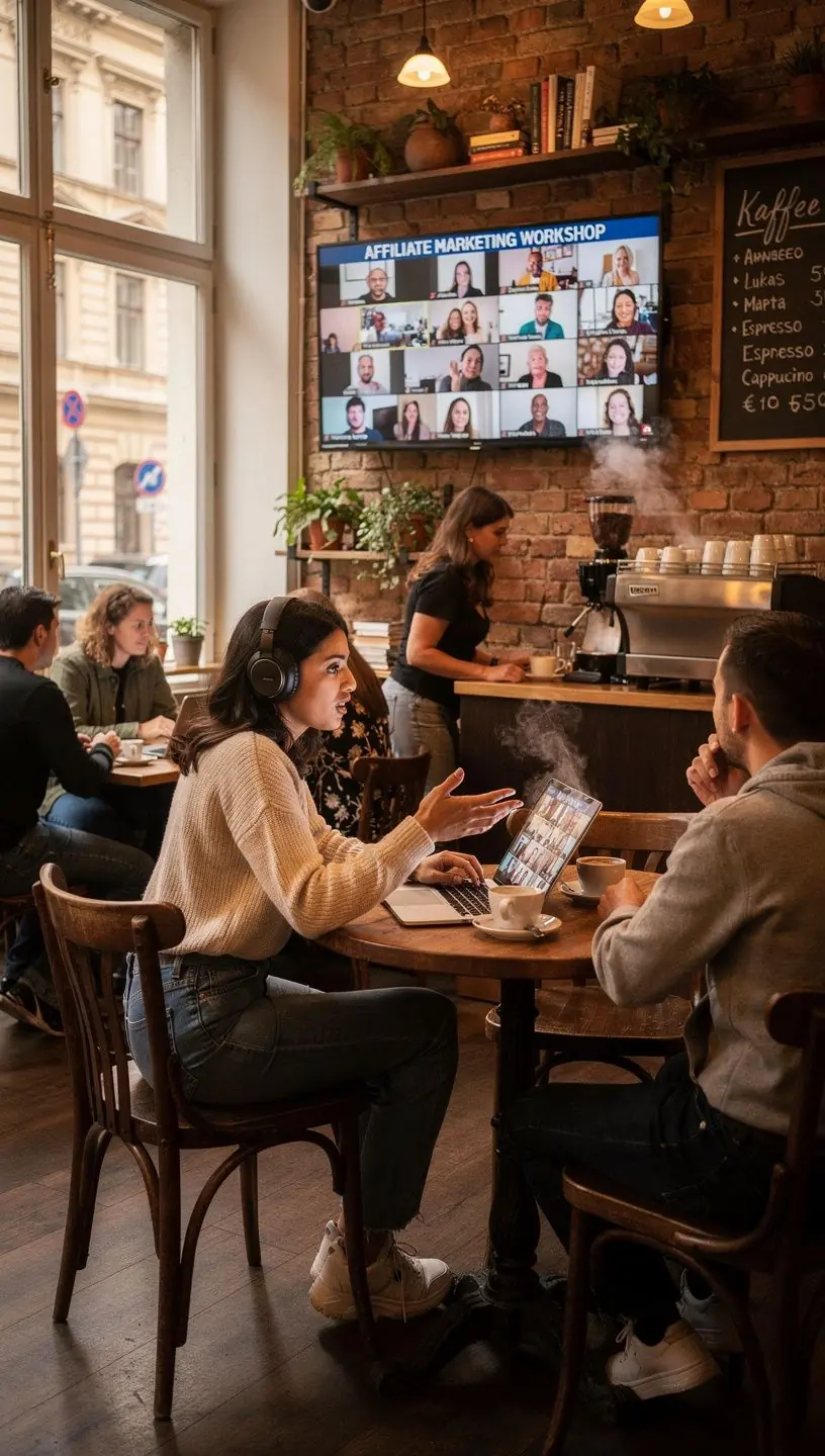 Eine Gruppe von Menschen diskutiert begeistert über Online-Kurse zum Thema Produktpromotion.