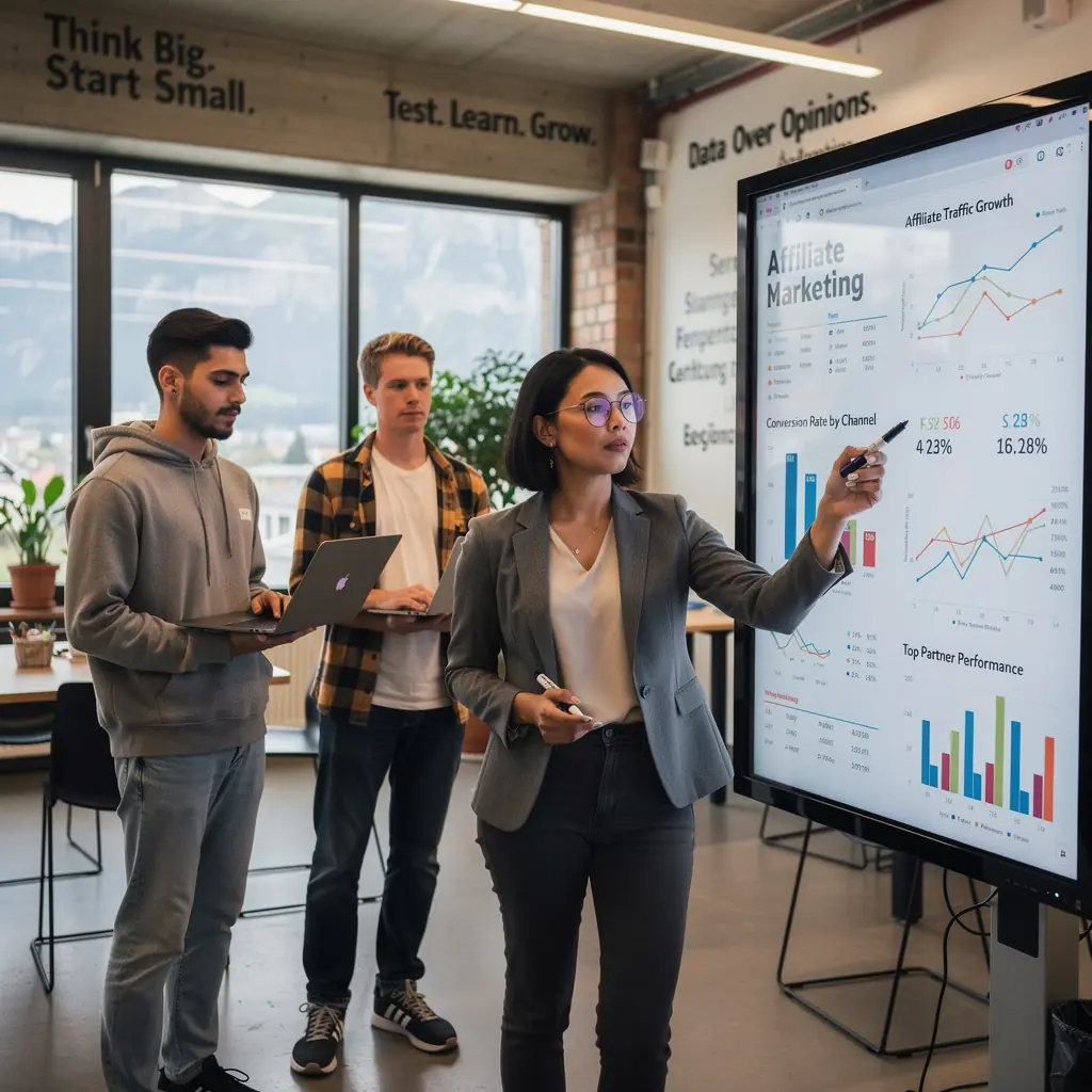 Eine Gruppe von Menschen diskutiert begeistert über Online-Kurse zum Thema Produktpromotion.