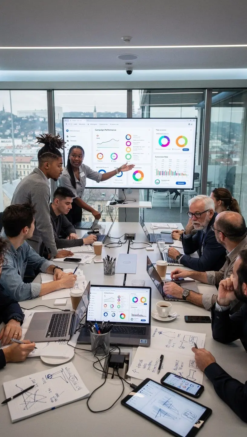 Eine Gruppe von Menschen diskutiert begeistert über Online-Kurse zum Thema Produktpromotion.