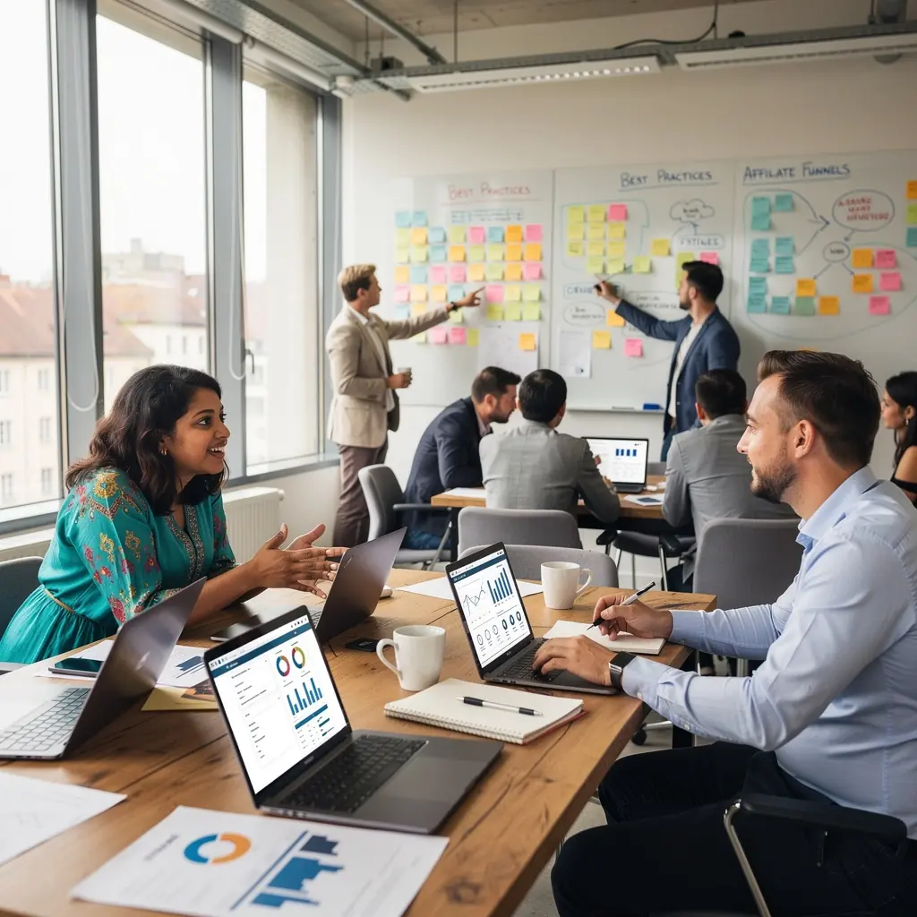 Eine Gruppe von Menschen diskutiert begeistert über Online-Kurse zum Thema Produktpromotion.